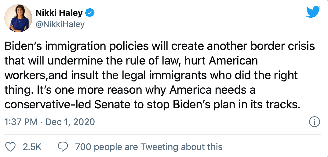 “Biden’s immigration policies will create another border crisis,” Haley claimed in a tweet. 