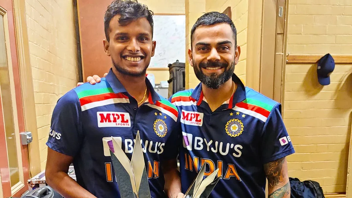 T Natarajan poses after the T20 series triumph against Australia with Virat Kohli. 