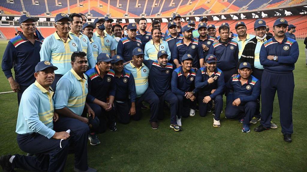 Members of the Jay Shah XI and Sourav Ganguly XI at the Motera Stadium in Ahmedabad.