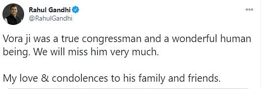 Expressing his condolences, Rahul Gandhi said he was a “true Congressman and a wonderful human being.”
