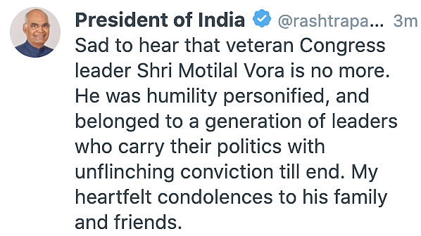 President Ram Nath Kovind tweeted his condolences