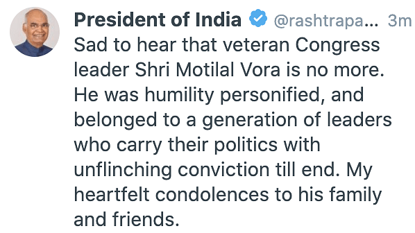 Expressing his condolences, Rahul Gandhi said he was a “true Congressman and a wonderful human being.”