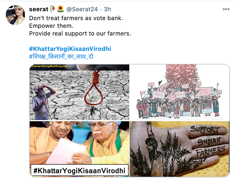 The hashtag #KhattarYogiKisaanVirodhi is trending on Twitter