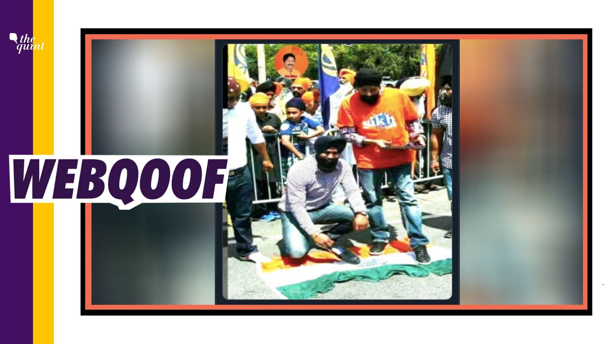 Image of Sikh protesters stepping over India’s national flag is doing the rounds on social media with misleading claims.