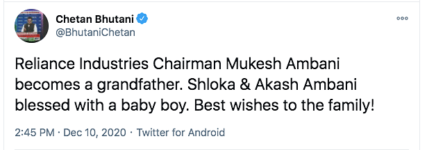An Ambani spokesperson announced the news about the baby.