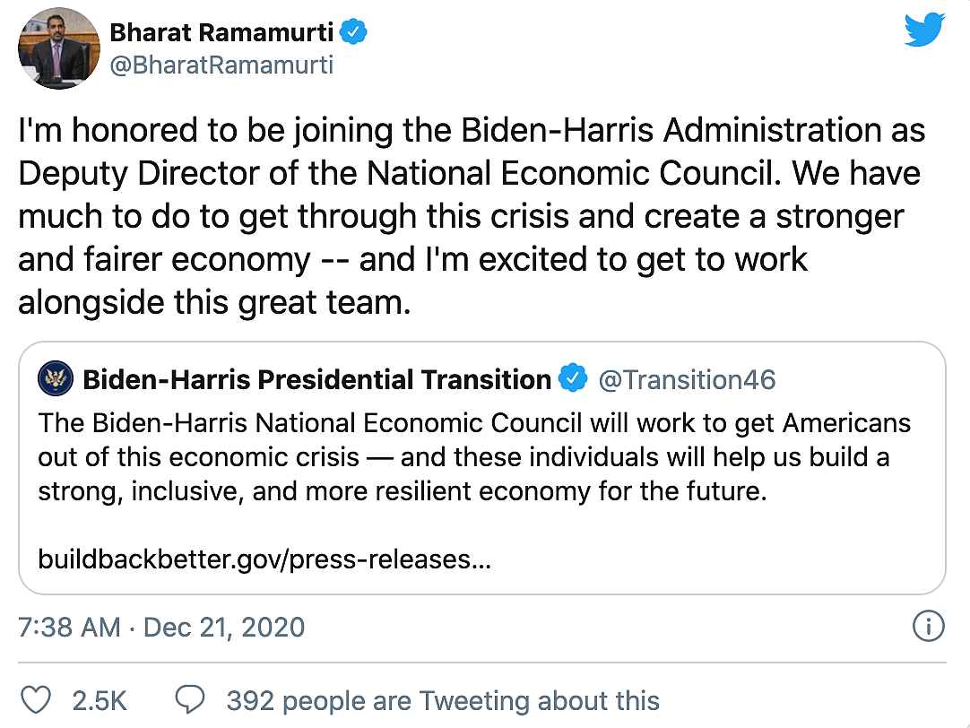 Biden Names Bharat Ramamurti as US Economic Council Member