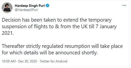 After 7 January, strictly regulated resumption will take place, Civil Aviation Minister Hardeep Singh Puri said. 