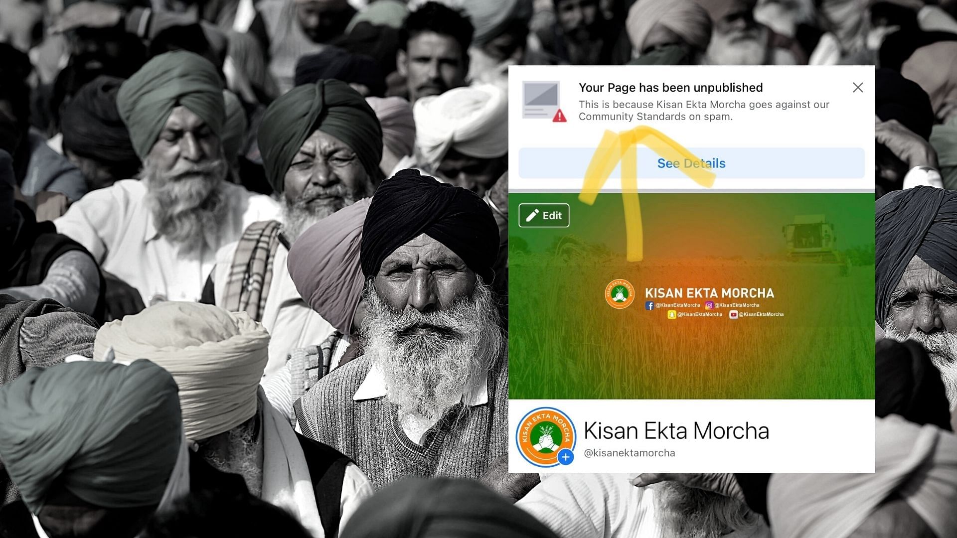 The Facebook page of Kisan Ekta Morcha that was being used by the farmers who are <a href="https://www.thequint.com/topic/farmers-protest">protesting</a> against the contentious farm laws, was blocked on Sunday, 20 December.
