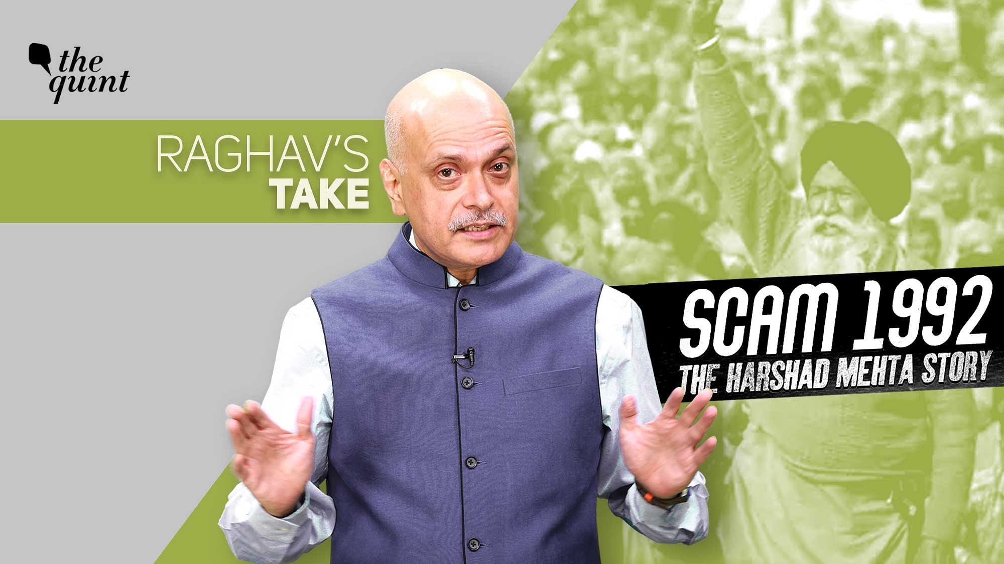 Image of The Quint’s Founder-Editor Raghav Bahl, snippet of the 2020 farm protests, and a snippet from the poster of web series ‘Scam 1992: The Harshad Mehta’ story – used for representational purposes.