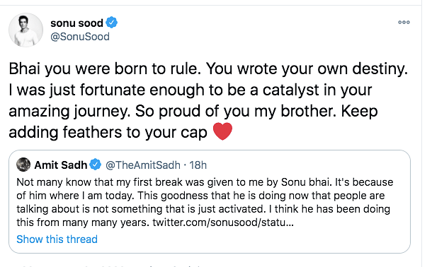 Sadh shared the anecdote while congratulating Sonu Sood for the release of his book.