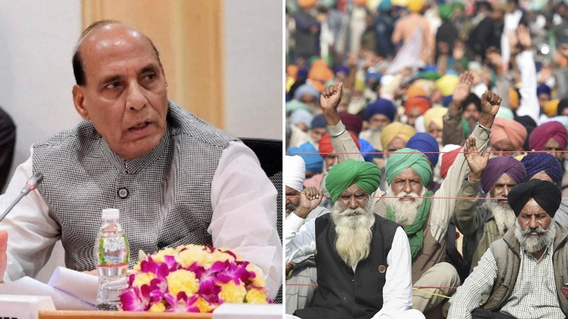Defence Minister Rajnath Singh (left), Farmers stage a protest at Singhu border (Right)&nbsp;