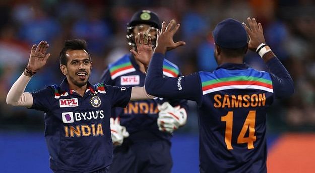 Yuzvendra Chahal celebrates a wicket against Australia.&nbsp;