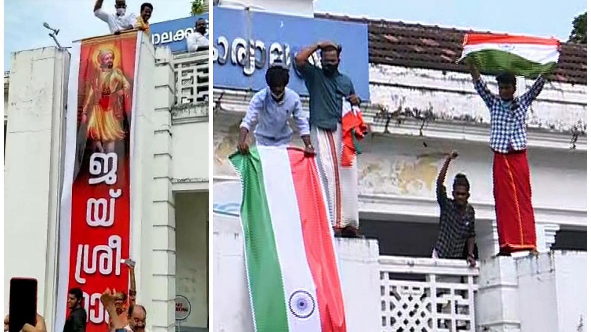 Just a day after BJP activists rolled down a flex of ‘Jai Sreeram’ from the the Palakkad municipal office building, a group of DYFI activists on Friday scaled atop and rolled down the national flag.