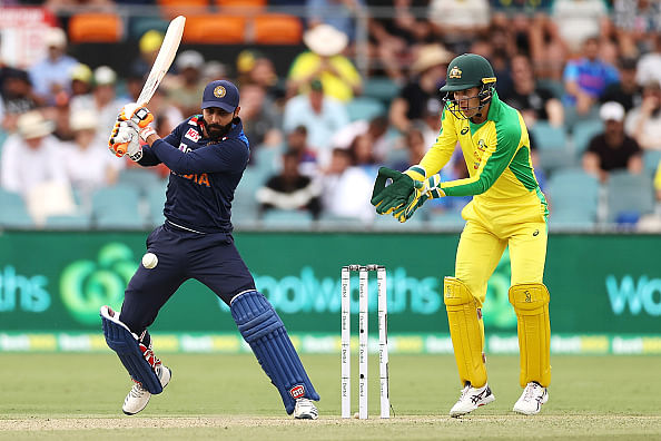 Ravindra Jadeja in action during his half century in the third ODI.&nbsp;