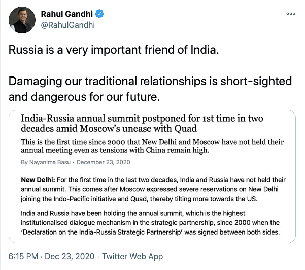 Rahul Gandhi had tweeted, “Damaging our traditional relationships is short-sighted and dangerous for our future.”