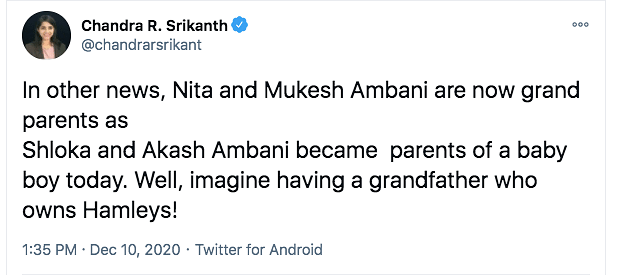 An Ambani spokesperson announced the news about the baby.