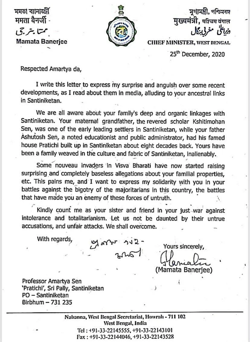 Bengal CM Assures Support to Amartya Sen Amid Land Grab Charges