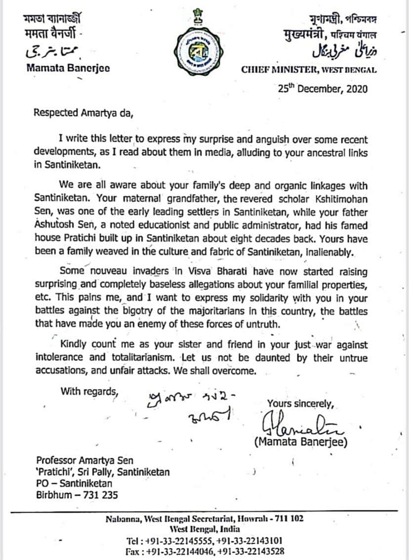 West Bengal Chief Minister Mamata Banerjee has written to Nobel Laureate Amartya Sen assuring her support.