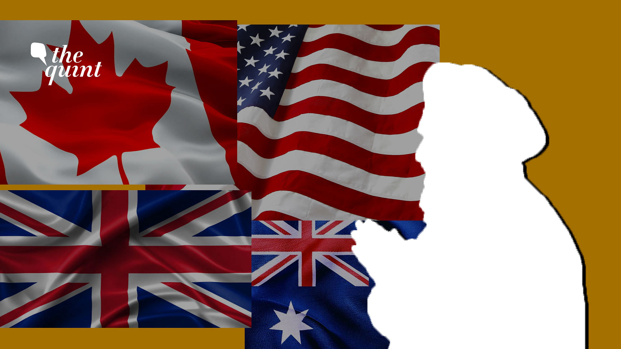 Flags of Canada, US, Australia and UK (clockwise from top left), along with the silhouette of a Sikh man, used for representational purposes.