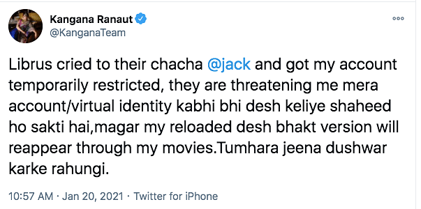 Kangana called out the "liberal community" who reported her account to Twitter