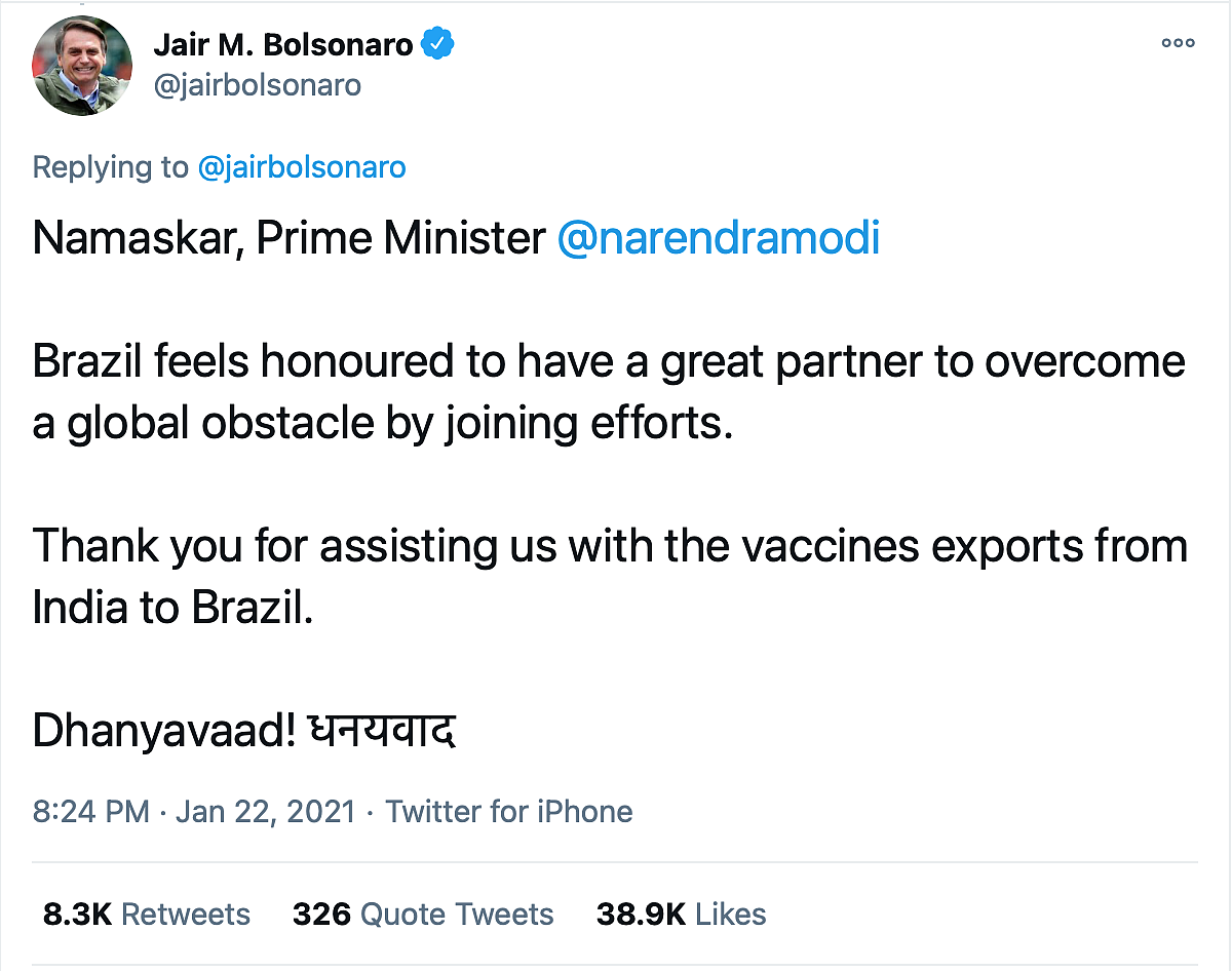 Brazilian President Thanks PM Modi for Exporting COVID Vaccine