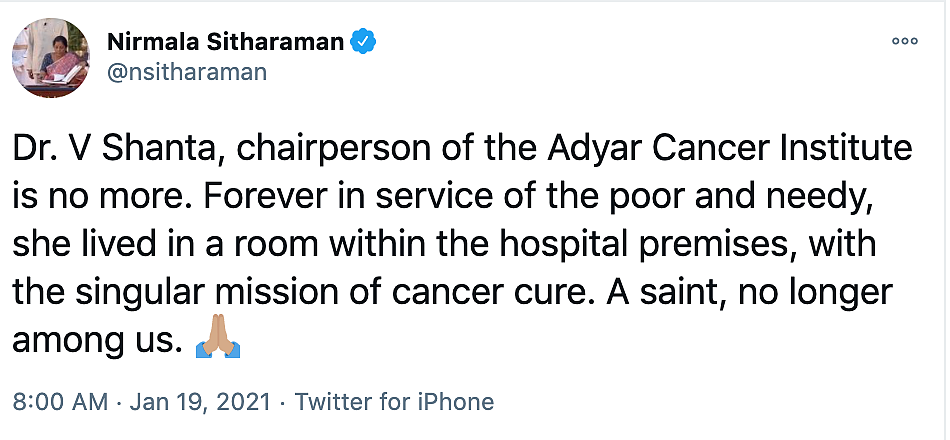 Cancer Crusader Dr Shanta Dies in Chennai