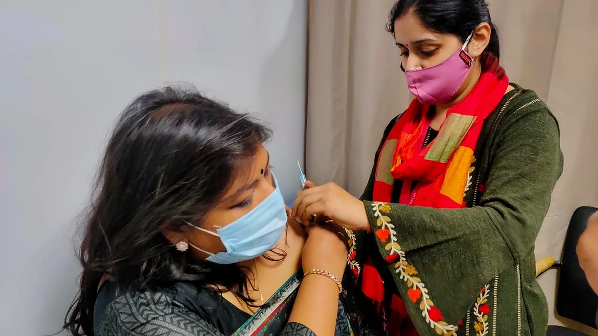 Dr Pragya Shukla being administered the vaccine jab in New Delhi.