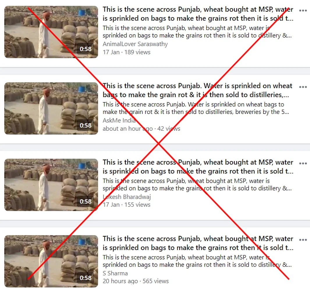 You can view the posts <a href="https://www.facebook.com/search/videos/?q=his%20is%20the%20scene%20across%20Punjab%2C%20water%20is%20sprinkled%20on%20bags%20to%20make%20the%20grains%20rot%20&f=AbrEZ-YDx1kb3y_wziw-oAjnjHx7SdPYFVpStBdf1LftePajYOG4t4-ag89nSkk30Wzjs6JzOMXFkcZSA3Stya4E30nog9_JMcgfFZ8cqrN6mcDOfY6POZvbwVzaaxxdT5TQXEYVUeCMBswnbx53_4sMqHWPXpzVkyGKUDBHCmsHT6GBFLp3QbvByXBVsPgnEWfnYRtoMkcBqoXhkkRmf54-wn_zLFDfCSaDtTw24lXPfA">here</a>.