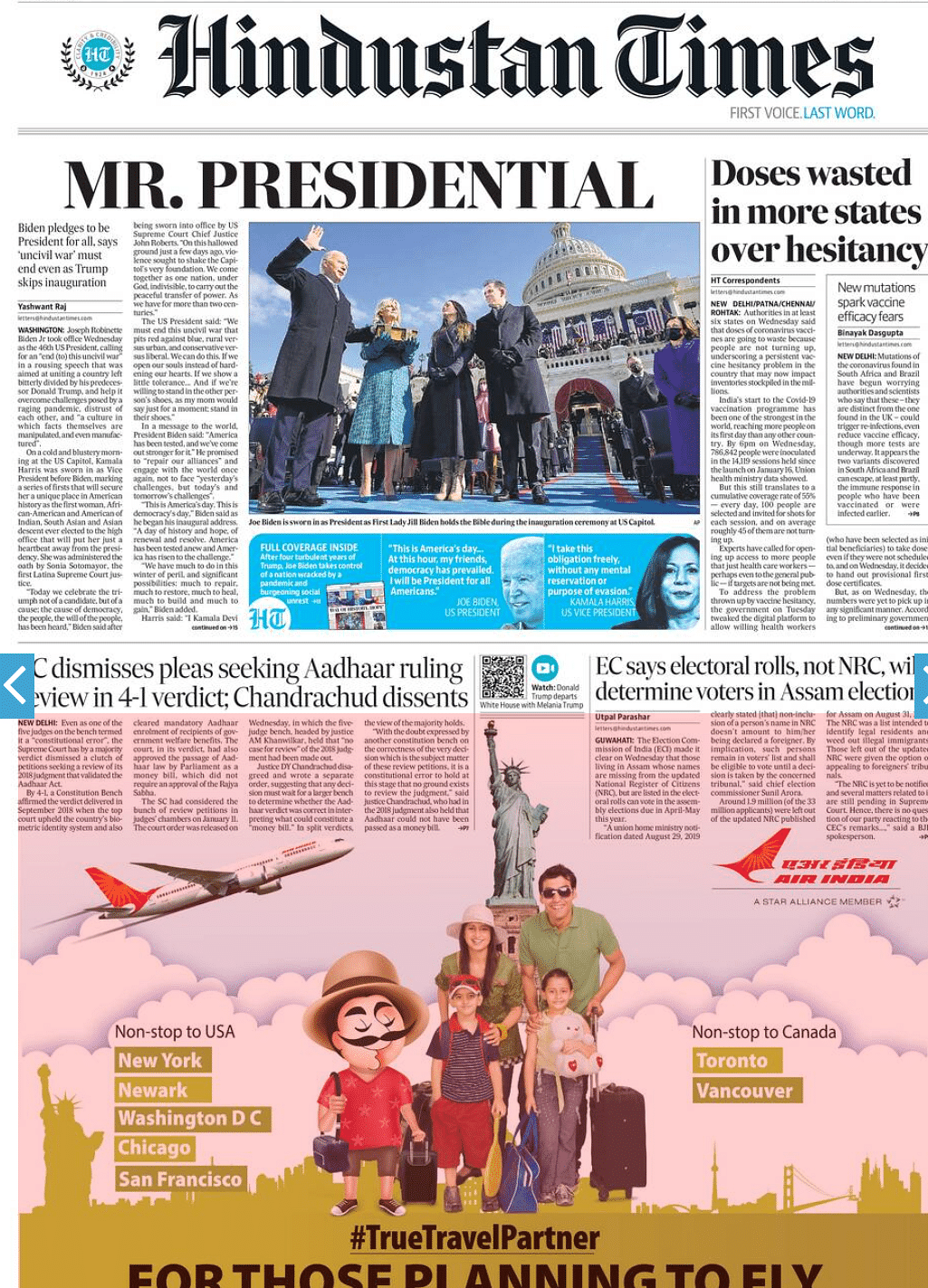 Here is a look at how major newspapers across the world and at home reported President Biden’s inauguration.