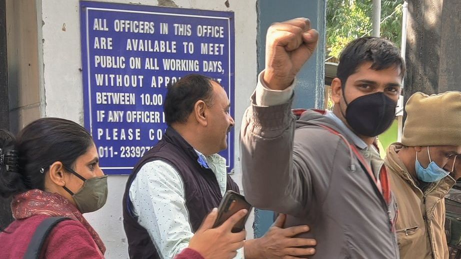 Mandeep Punia, before the court hearing on Sunday, 31 January, in New Delhi.&nbsp;
