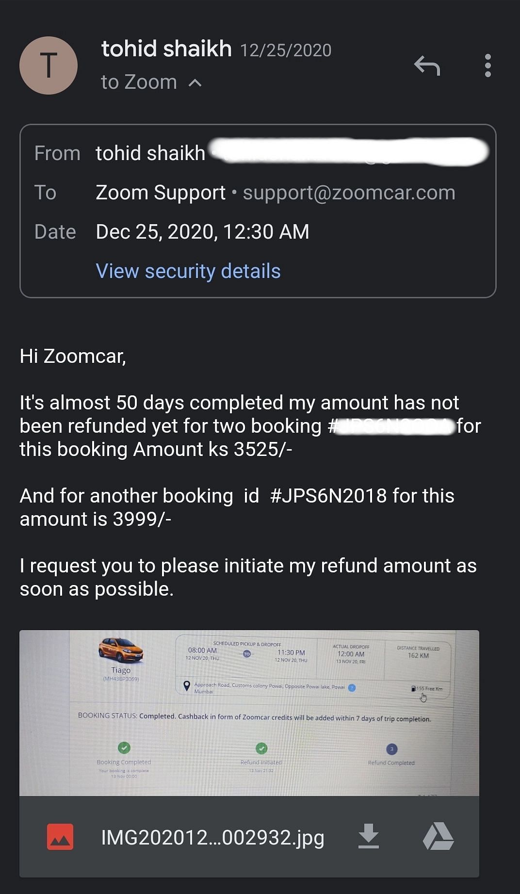 Tohid Shaikh, from Mumbai, has been trying to get a refund on the deposit made to Zoomcar since December 2020.