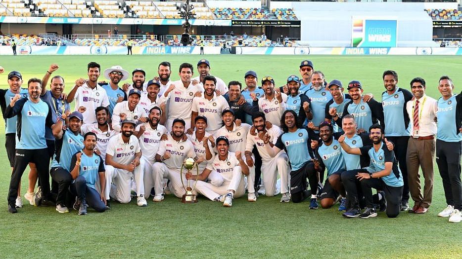 The Indian cricket team celebrate retaining the Border-Gavaskar Trophy at the Gabba.&nbsp;