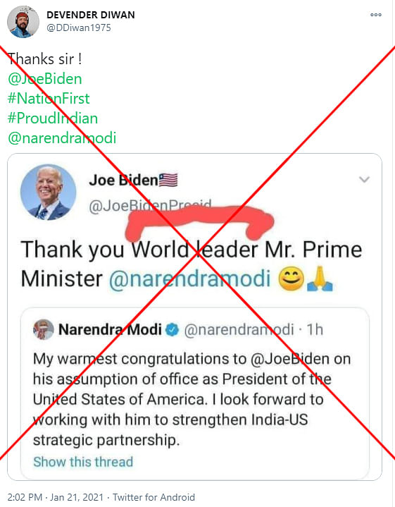 We found that the tweet was posted by an imposter account and President Biden made no such comment about PM Modi.
