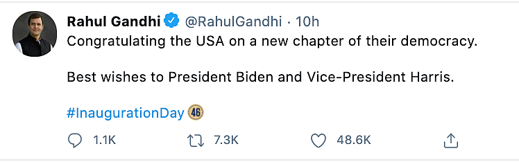 Opposition party Congress’s Rahul Gandhi took to Twitter to congratulate Biden and his team.