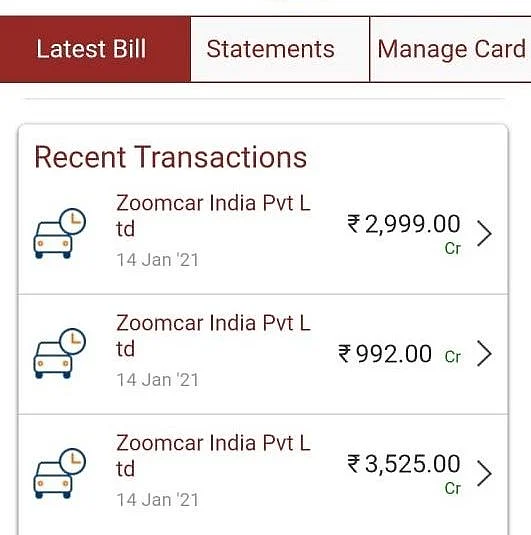 Deposit amount credit by Zoomcar on 14 January 2021.