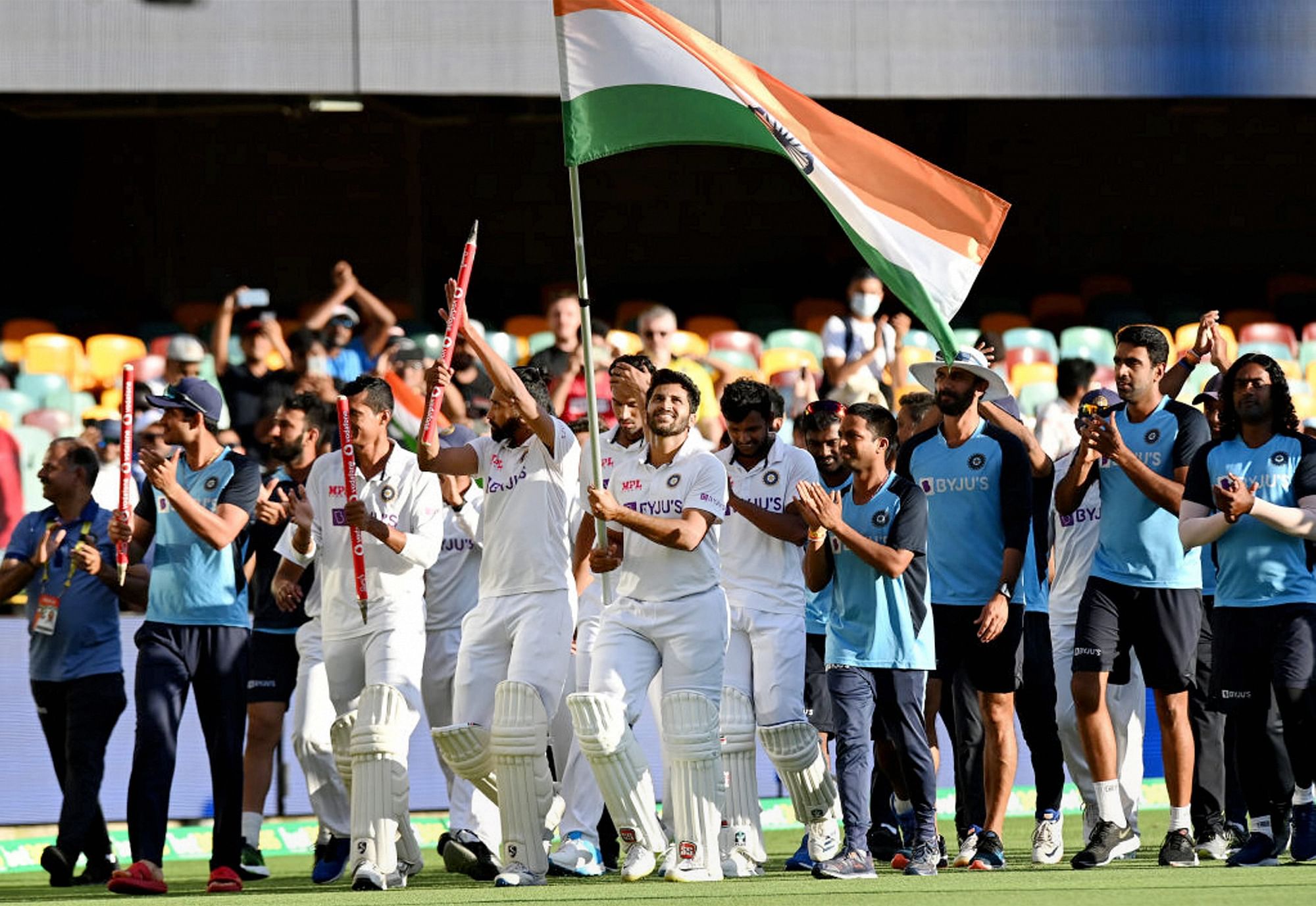 Brisbane: Indian players celebrate after defeating Australia by three wickets on the final day of the fourth cricket test match at the Gabba, Brisbane, Australia, Tuesday, Jan. 19, 2021. India won the four test series 2-1.