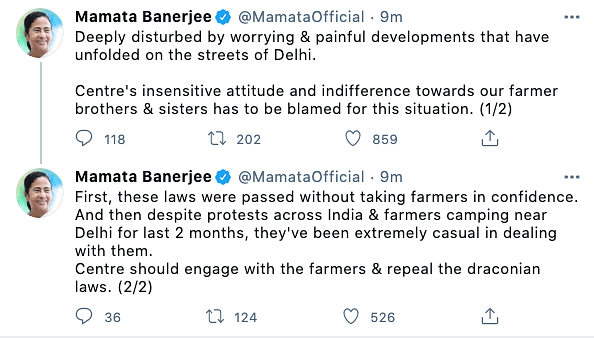 West Bengal CM Mamata Banerjee reacts to today’s clashes between farmers and Delhi police