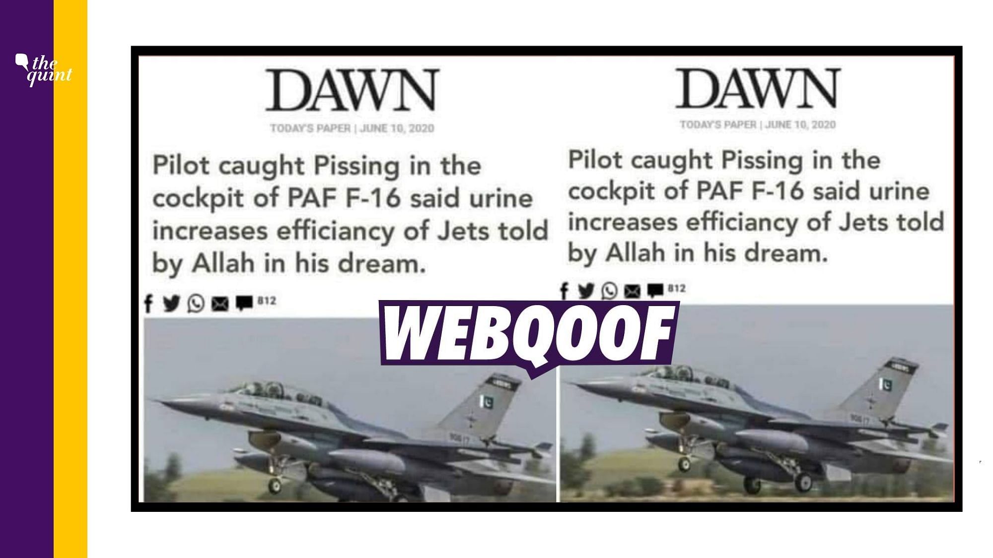 A fake image was circulated to claim that ‘Dawn’ published an article on a pilot being caught urinating in the cockpit of the PAF F-16.