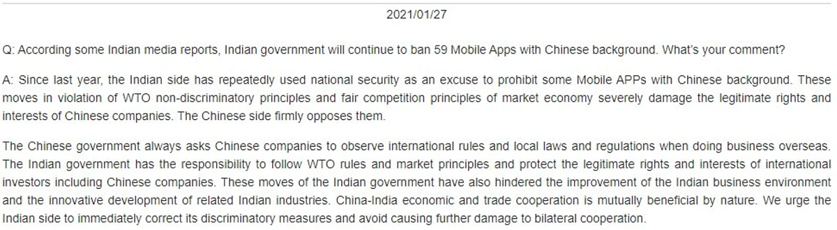 Chinese Embassy spokesperson Ji Rong put out a statement on Wednesday addressing India’s ban of 59 Chinese apps.