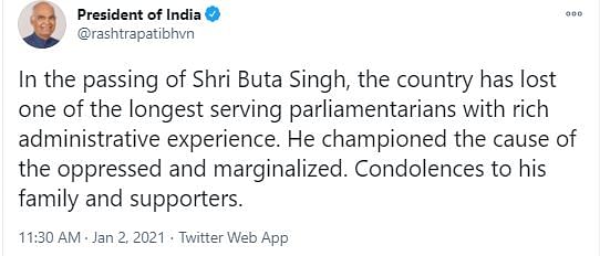 Buta Singh served as Union Home Minister from 1986 to 1989 under then Prime Minister Rajiv Gandhi.