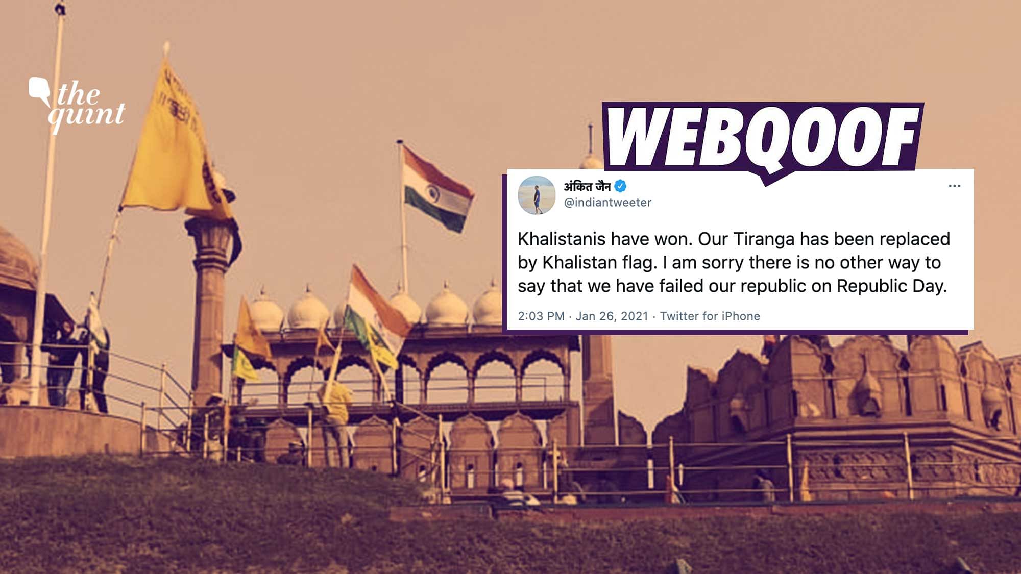 Social media users falsely claimed that protesting farmers hoisted Khalistan flags at the Red Fort on Tuesday, 26 January.