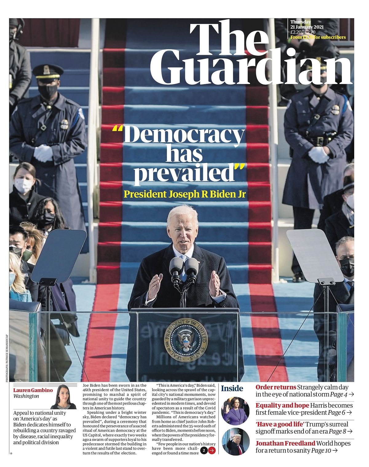 Here is a look at how major newspapers across the world and at home reported President Biden’s inauguration.