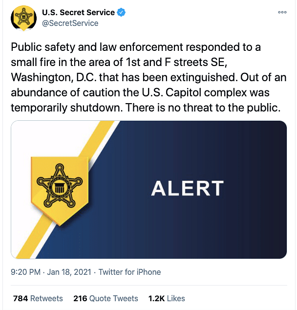 The US secret service notified that public safety and law enforcement were responding to a small fire in the area.