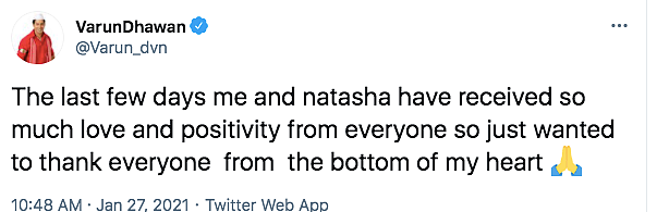 Varun Dhawan Thanks Fans for Showering Love on Him & Natasha