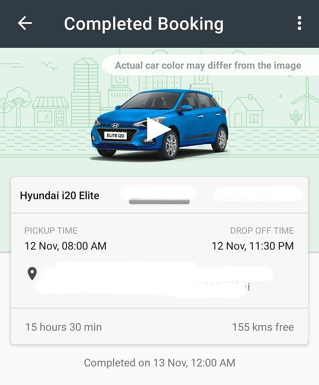 Zoomcar Booking made for 12 November.