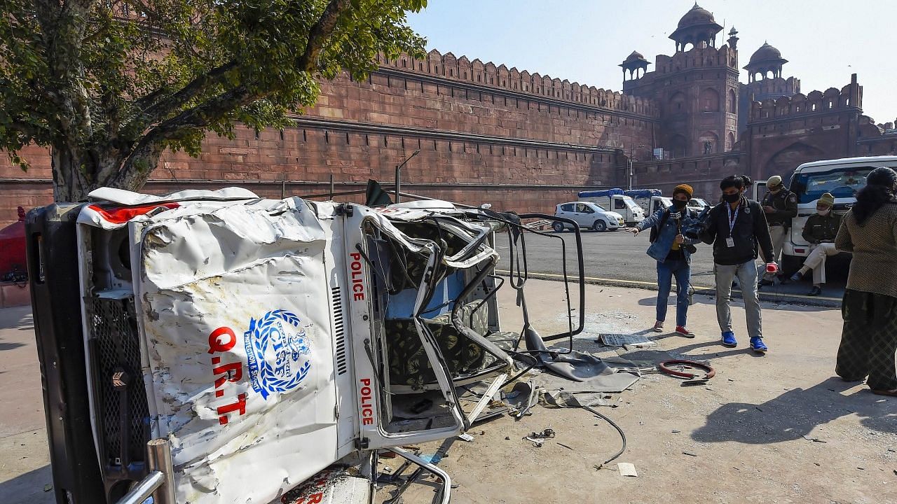 A damaged police jeep in the premises of the Red Fort.