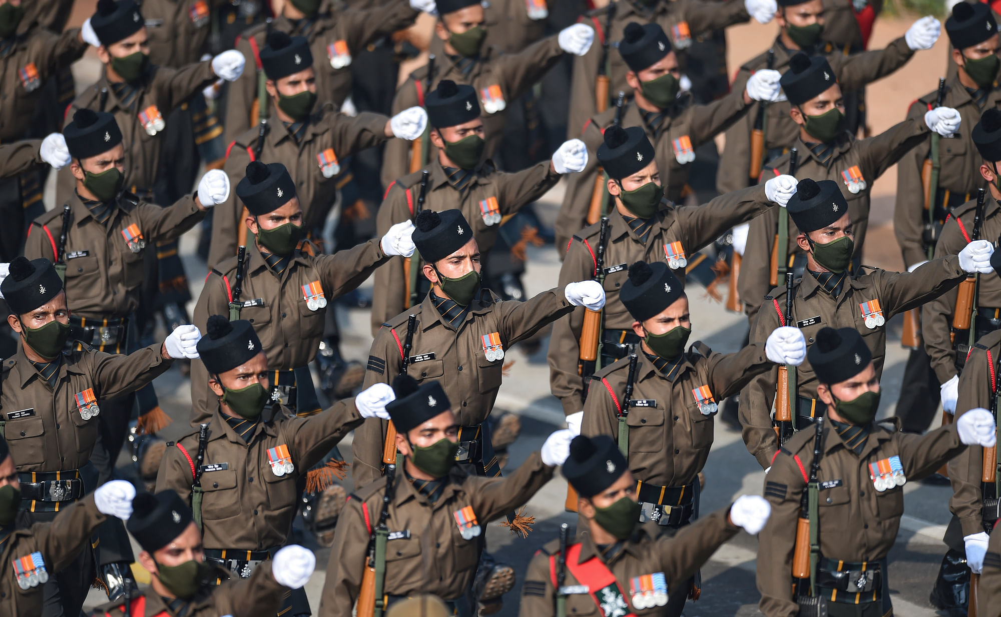 New Delhi: Members of Garhwal rifles contingent pass through Rajpath during the 72nd Republic Day celebrations, in New Delhi, Tuesday, Jan. 26, 2021.