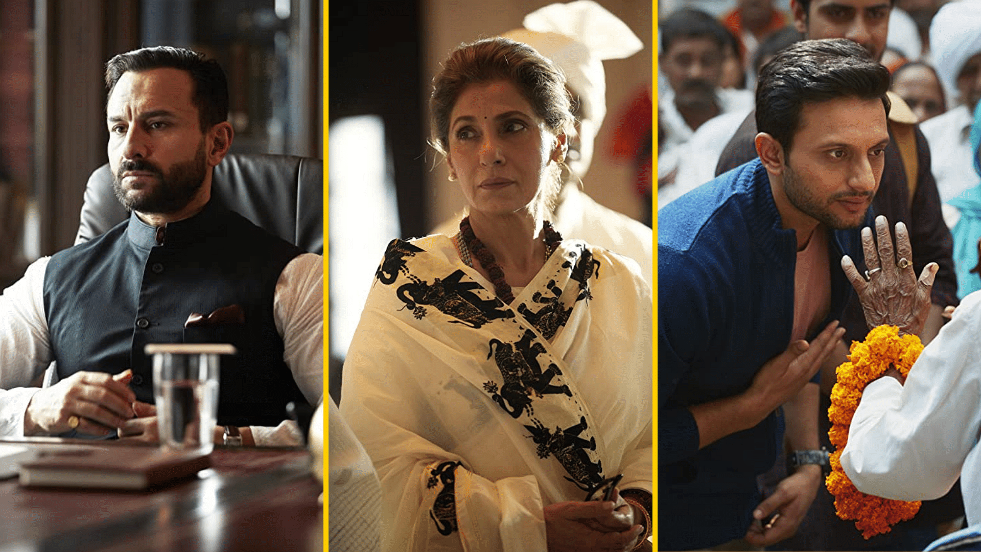 Saif Ali Khan, Dimple Kapadia and Mohammed Zeeshan Ayyub in Amazon Prime Video web series <i>Tandav</i>.