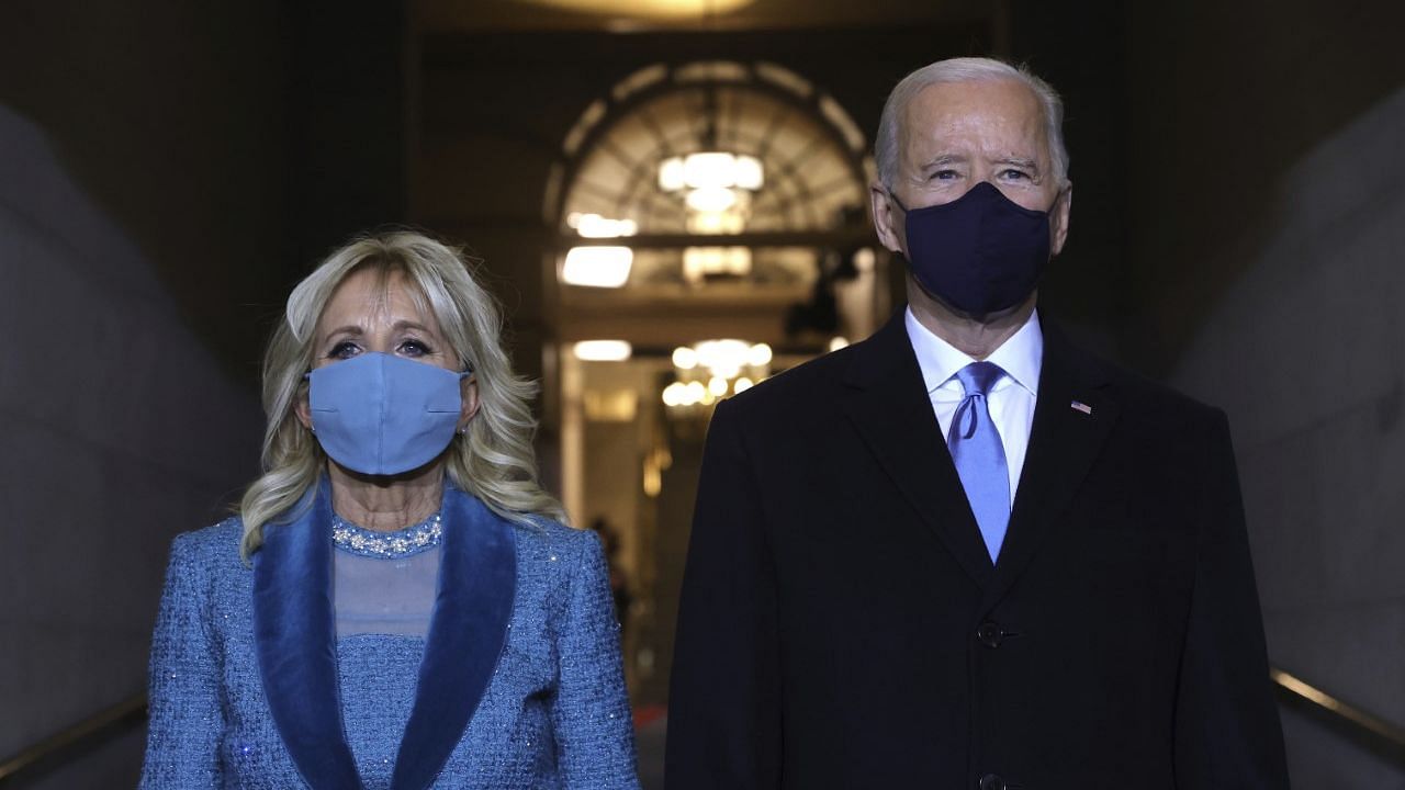 President-elect Joe Biden and Jill Biden arrive at Bidens inauguration on the West Front of the US Capitol.