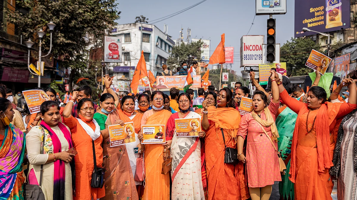 Women mostly clad in saffron joined the rally